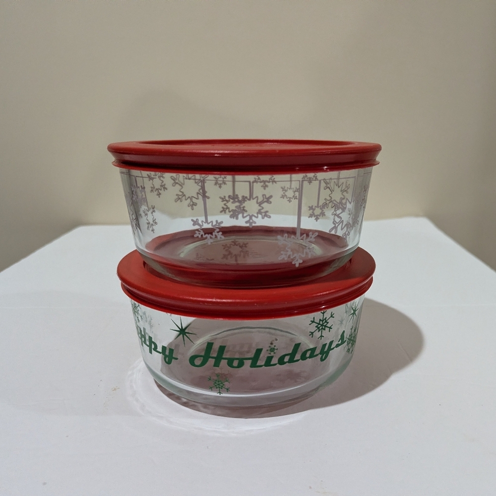 2 NEW Holiday Pyrex Glass Containers with Red Lids